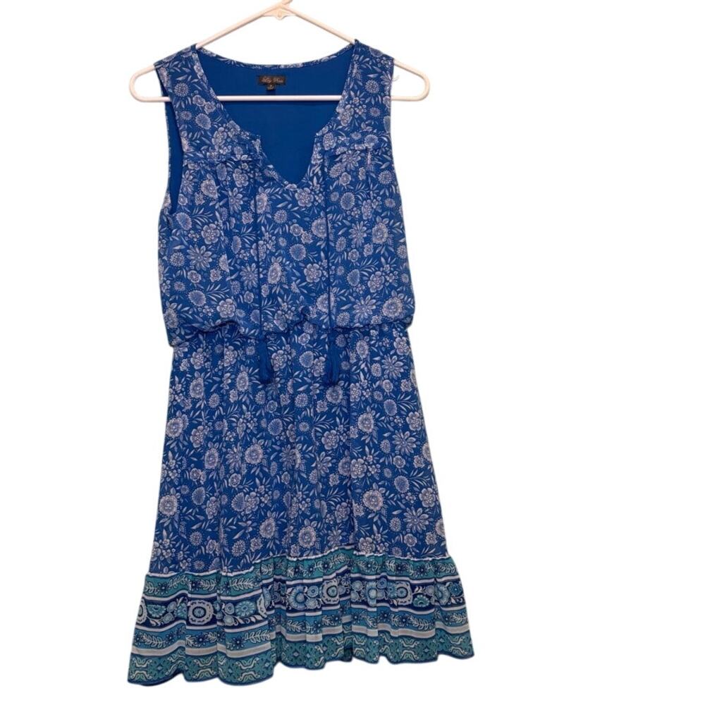 Lily Rose Blue Floral Boho Sleeveless Dress Size M Tassel Tie Waist